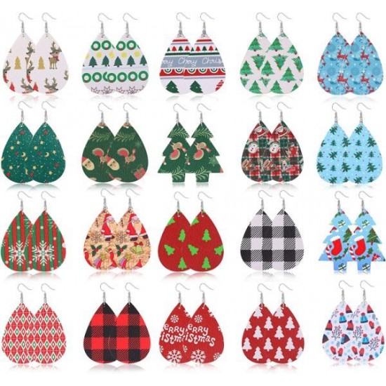 20Pairs Christmas Leather Earrings For Women Lightweight Tree Earrings Leaf Plaid Dangle Earring Faux Leather Teardrop Holiday Earrings For Christmas Party